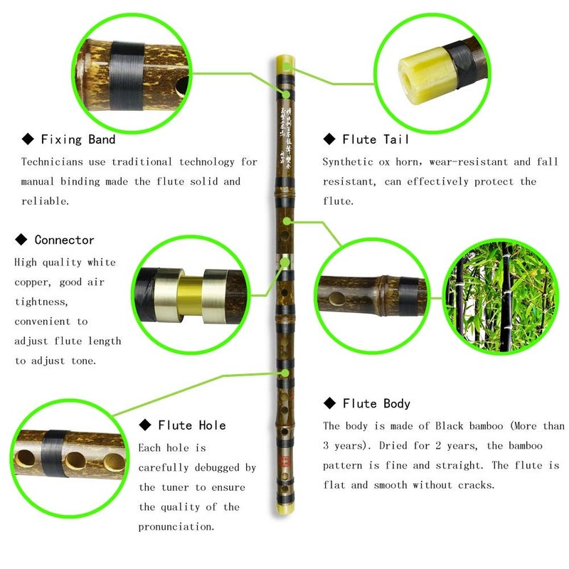 PHYSKOW C Key Dizi Black Bamboo Flute with Free Membrane & Glue & Protector Set Traditional Chinese Instrument (Key of C/Black Bamboo) - Image 2